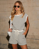 Cream/Black % Kaylie Striped Terry Cloth Drawstring Waist Romper-1