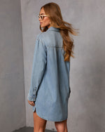 Light Wash % Garis Denim Mini Shirt Dress-4