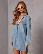 Light Wash % Garis Denim Mini Shirt Dress-3