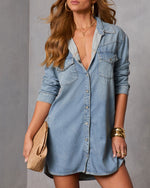 Light Wash % Garis Denim Mini Shirt Dress-5