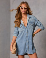 Light Wash % Garis Denim Mini Shirt Dress-2