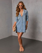 Light Wash % Garis Denim Mini Shirt Dress-6