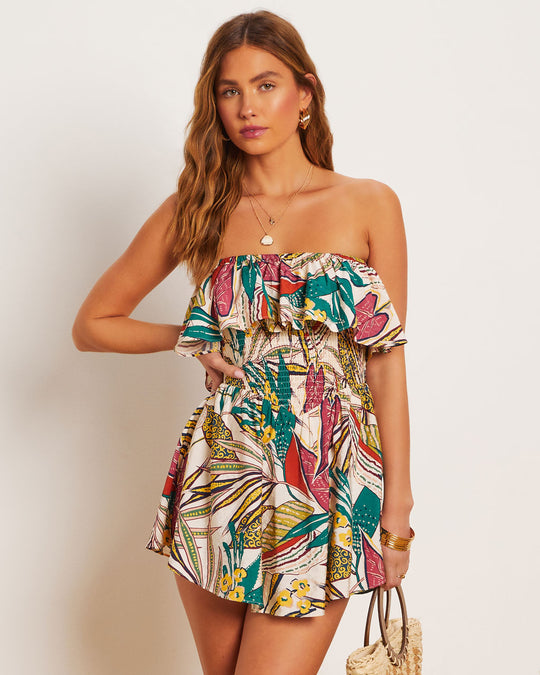 Sherry Tropical Strapless Smocked Romper
