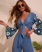 Blue Multi % Josia Tie Front Crochet Sleeve Crop Top-1