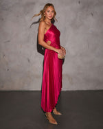 Magenta % Modern Day Glam Satin Pleated One Shoulder Cutout Asymmetrical Maxi Dress-4