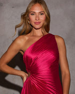 Magenta % Modern Day Glam Satin Pleated One Shoulder Cutout Asymmetrical Maxi Dress-3