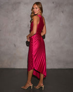 Magenta % Modern Day Glam Satin Pleated One Shoulder Cutout Asymmetrical Maxi Dress-5