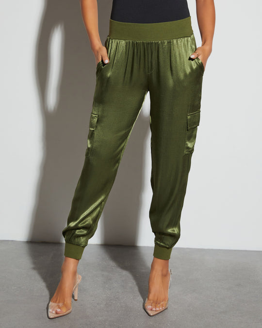 Olive % Luxe Look Satin Pocketed Joggers-1