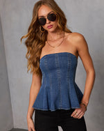 Nanorie Denim Strapless Peplum Top