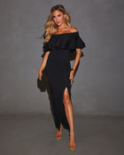 Black % Timeless Beauty Ruffle Off The Shoulder Midi Dress-1