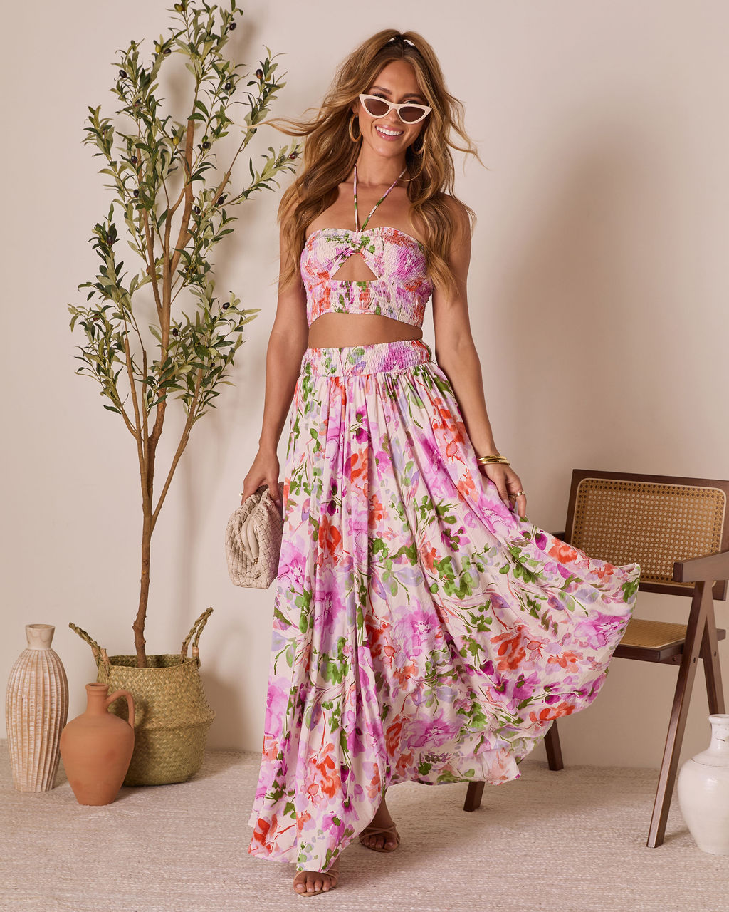 Quincy Metallic Flower Detail & Long Pleated Maxi Skirt Set