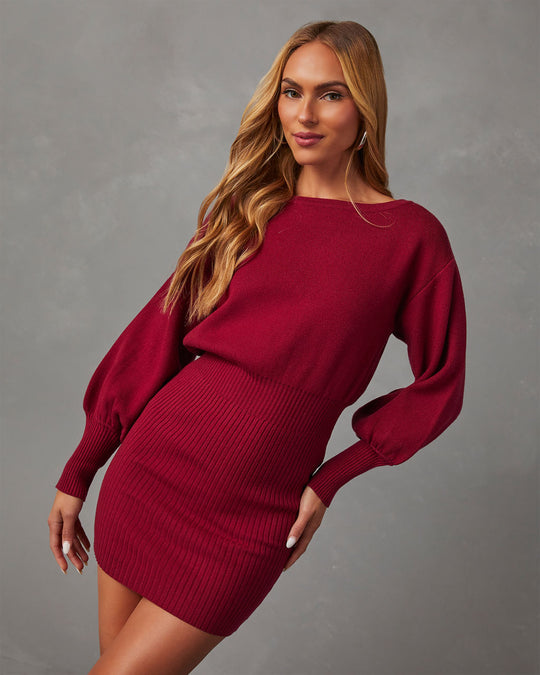 Burgundy % Gellar Ribbed Mini Sweater Dress-2