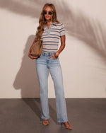 Day Shift Striped Knit Denim Collar Top
