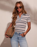 Day Shift Striped Knit Denim Collar Top