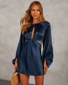 Navy % Rustic Feel Balloon Sleeve Satin Mini Dress-1
