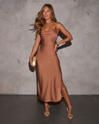 Gold % Magical Moment Cowl Neck Satin Midi Dress-7