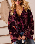 Neutral Harvest Printed Velvet Front Tie Top