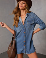 Medium Wash % Garis Denim Mini Shirt Dress-5
