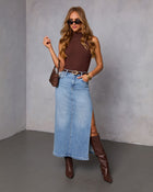 Light Wash % Chic Side Slit Denim Midi Skirt-1