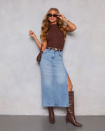 Light Wash % Chic Side Slit Denim Midi Skirt-5