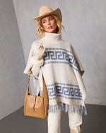 Maly Abstract Fringe Trim Poncho Sweater