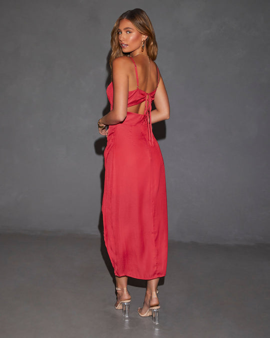 Red % Minnie Asymmetrical Polka Dot Slip Midi Dress-4