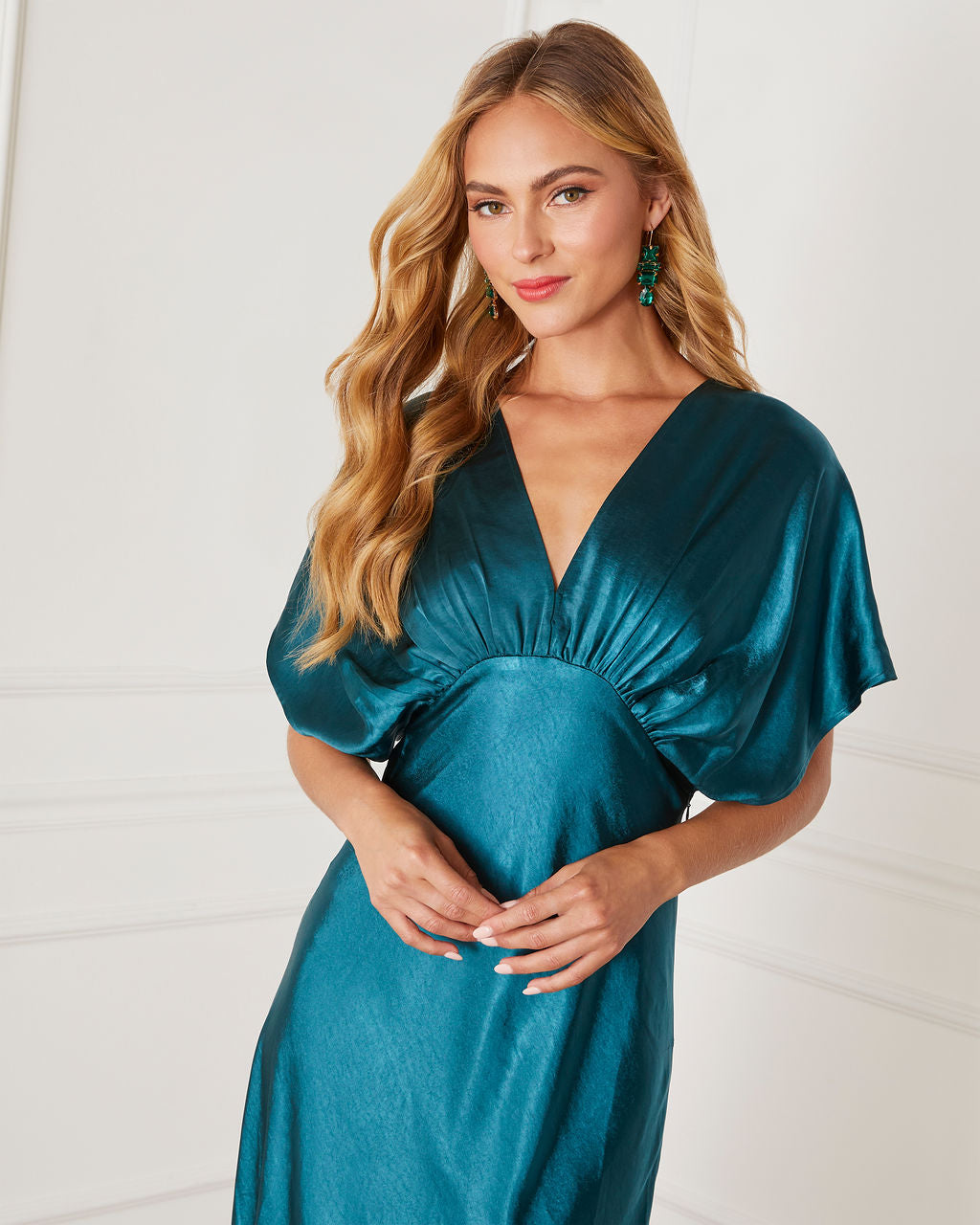 theia v neck satin dress Theia Satin V-Neck Maxi Dress  VICI