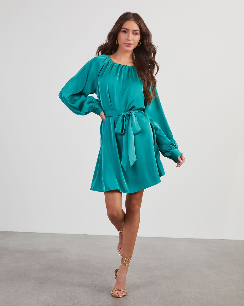 satin long sleeve tie waist mini dress Opal Dress