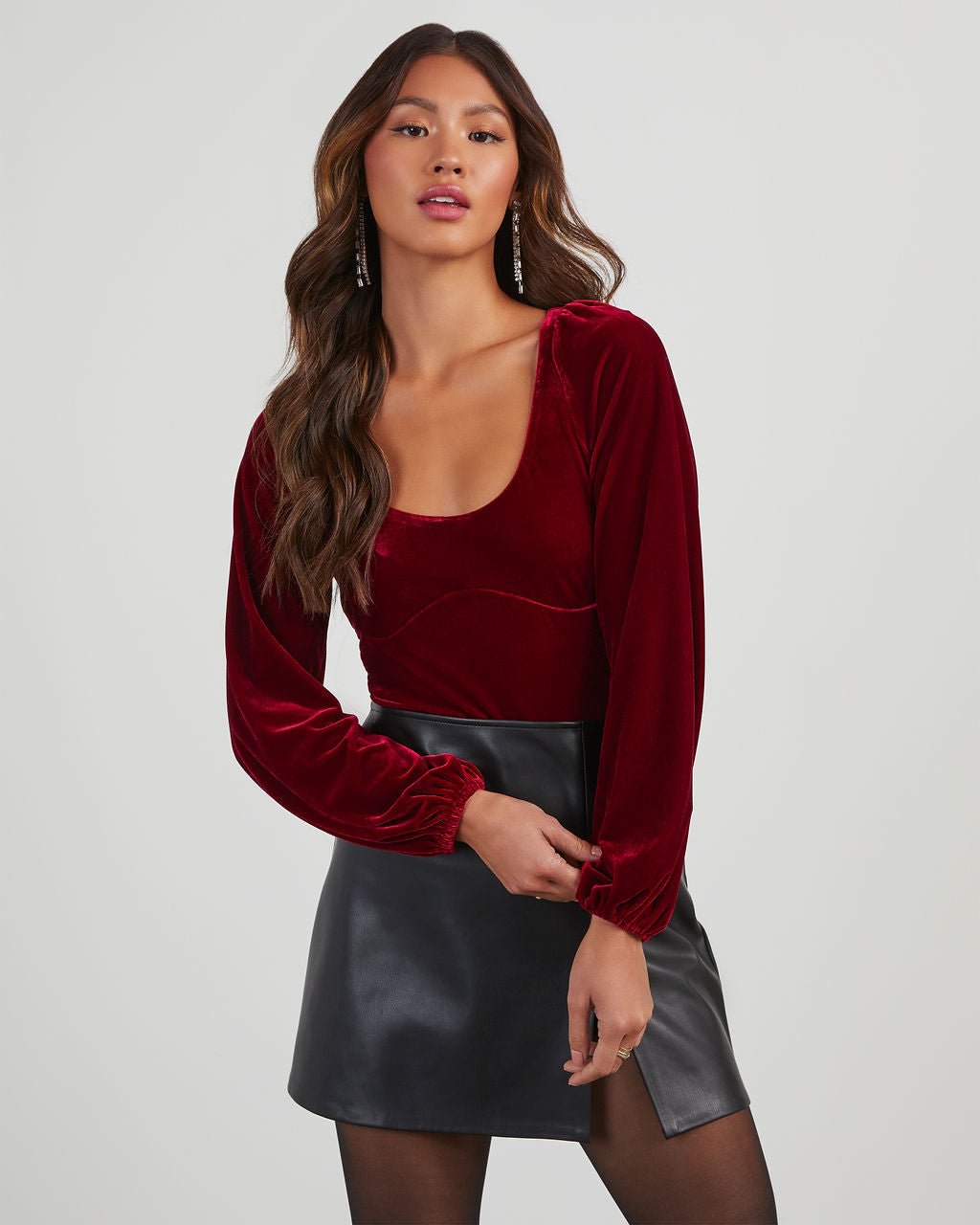Plush Velvet Scoopneck Bodysuit in Red Plaid