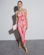 Pink % Delora Printed Mesh Strapless Midi Dress-2