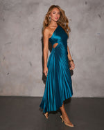 Sapphire % Modern Day Glam Satin Pleated One Shoulder Cutout Asymmetrical Maxi Dress-6
