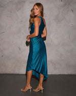 Sapphire % Modern Day Glam Satin Pleated One Shoulder Cutout Asymmetrical Maxi Dress-4
