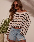 White/Tan % Maia Crochet Stripe Bell Sleeve Long Sleeve Top-1