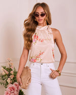 Nadya Floral Satin Mock Neck Tie Top