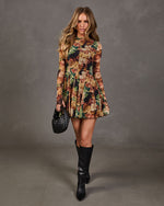 Autumn Whimsy Floral Mesh Mock Neck Mini Dress