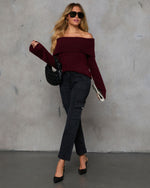 Burgundy % Dreamworld Off The Shoulder Pullover Sweater-2