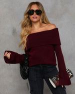Burgundy % Dreamworld Off The Shoulder Pullover Sweater-1