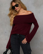 Burgundy % Dreamworld Off The Shoulder Pullover Sweater-5