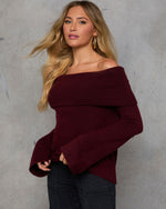 Burgundy % Dreamworld Off The Shoulder Pullover Sweater-3