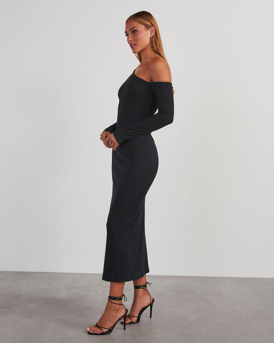 Black % Regina Cutout One Shoulder Knit Midi Dress-3