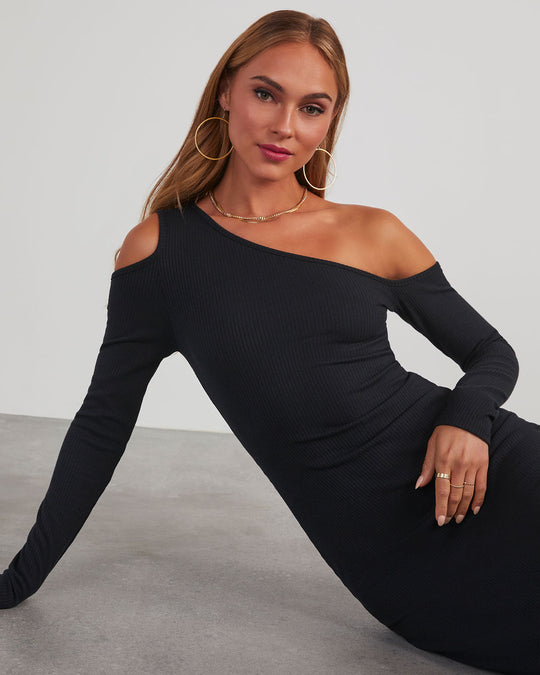 Black % Regina Cutout One Shoulder Knit Midi Dress-2