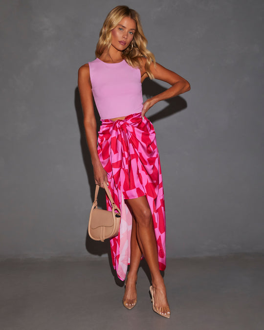 Pink/Red % Imogen Satin Printed Tie Front Midi Skirt-1