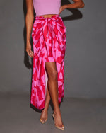 Pink/Red % Imogen Satin Printed Tie Front Midi Skirt-2