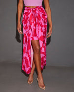 Pink/Red % Imogen Satin Printed Tie Front Midi Skirt-3