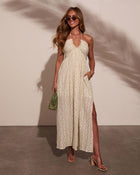 Cream/Pistachio % Honolulu Halter Tropical Print Maxi Dress-1