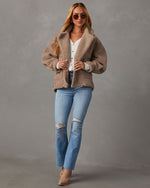 Mocha % Evans Oversized Sherpa Bomber Jacket-6