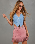 Country Nights Embellished Faux Suede Fringe Mini Skirt