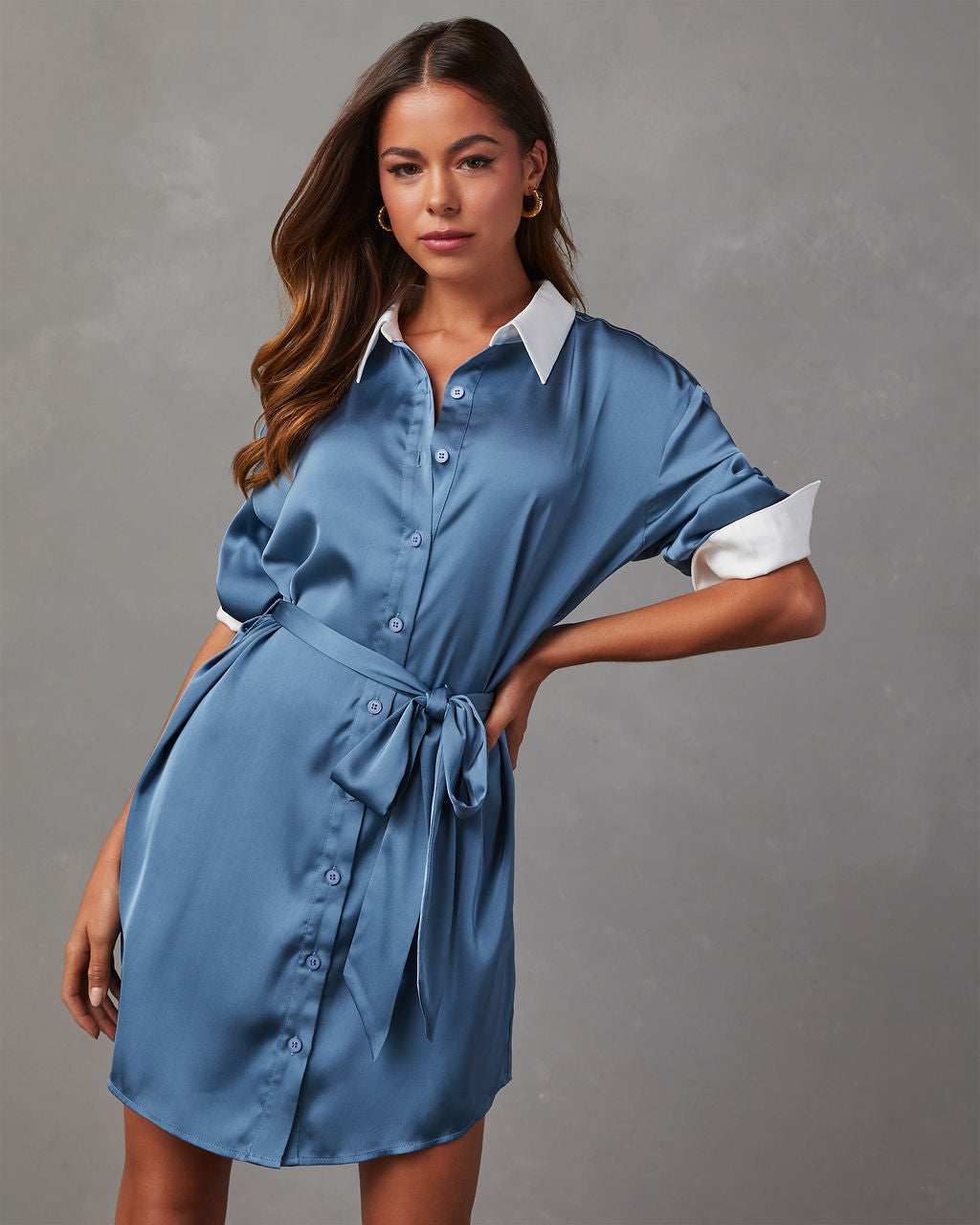 Satin tie waist shirt dress top