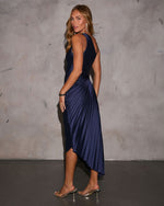 Navy % Modern Day Glam Satin Pleated One Shoulder Cutout Asymmetrical Maxi Dress-4