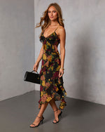 Black Floral % Garden Bliss Floral Tiered Midi Dress-3